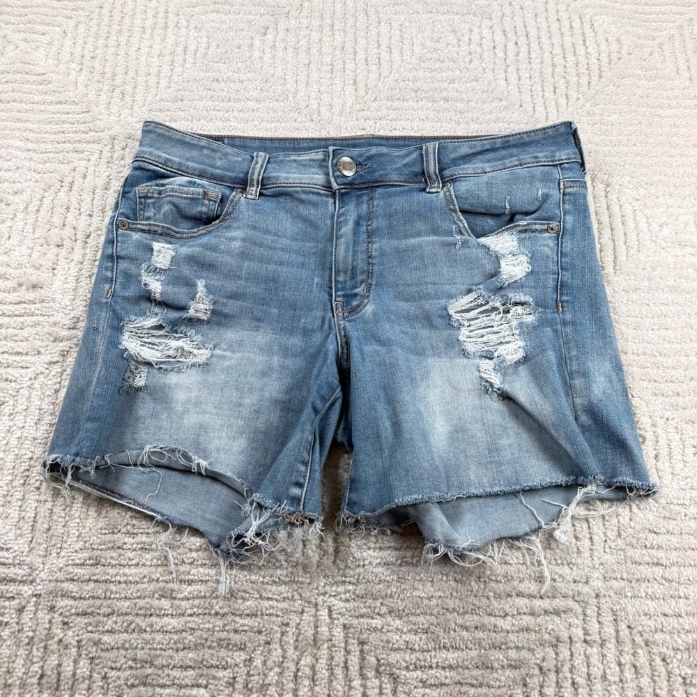 American Eagle Midi Shorts Women's 14 Blue Distressed Super Super Stretch Denim